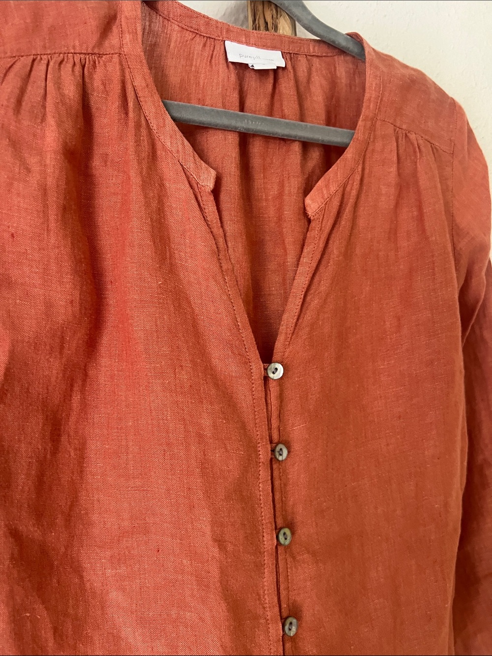 J. Jill Rust Terra Cotta Orange Button-Down Linen V-neck 3/4 Sleeve Shirt Medium - Picture 3 of 9